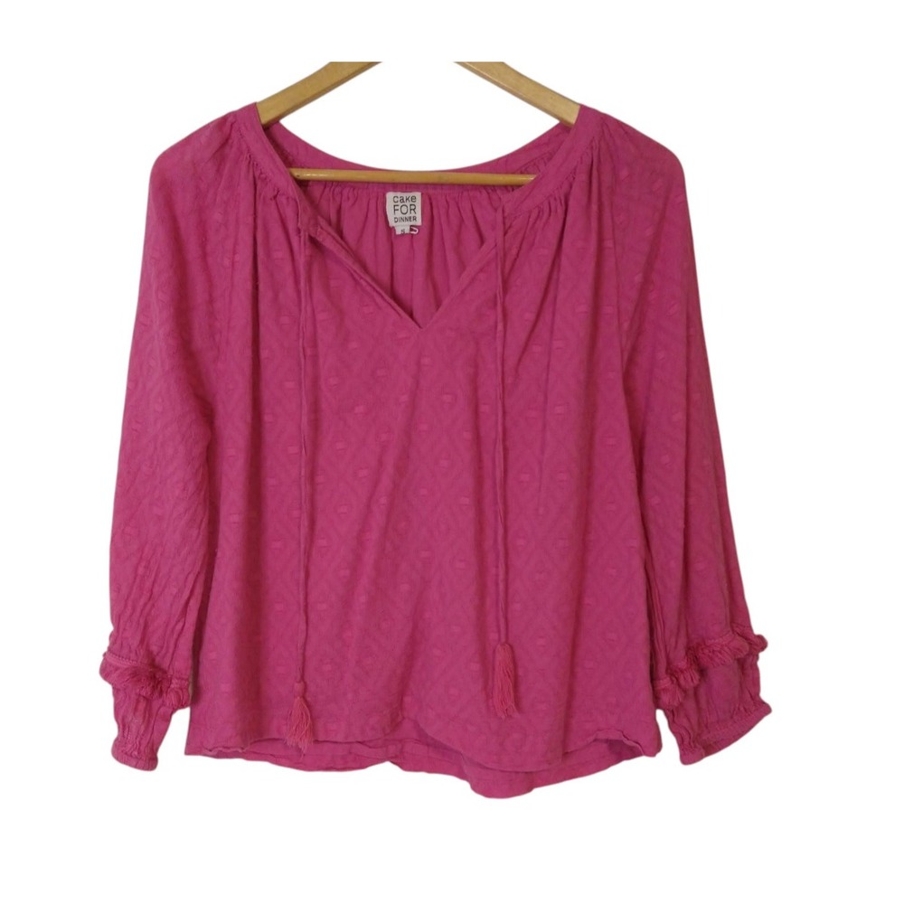 Cake For Dinner Blouse Small Pink Cotton Top 3/4 Sleeves Tassels Textured